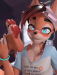 3d_(artwork) 4_toes animated animated_gif anthro auto_foot_lick bandage bandage_on_face bandage_on_nose black_hair blue_clothing blue_eyes blue_shirt blue_topwear blush braces canid canine claws clothing digital_media_(artwork) feet foot_fetish foot_focus foot_lick fox fur glowstick_bracelet hair hat headgear headwear hindpaw holding_ankle holding_leg kayla_(rysonanthrodog) kaylafox licking looking_at_viewer loop male mammal orange_body orange_fur patreon patreon_logo pawpads paws pink_clothing pink_hat pink_headwear red_hair red_pawpads self_lick shirt short_playtime solo text text_on_clothing text_on_shirt text_on_topwear toe_claws toes tongue topwear white_clothing white_shirt white_topwear