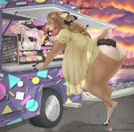 anthro big_breasts blowing_bubble_gum breasts brown_body brown_fur brown_hair buckteeth butt cleavage clothed clothing collared_shirt commercial_vehicle deer delivery_(commerce) delivery_vehicle dewclaw_hooves dress dullvivid duo eyewear female female_anthro fiona_fawnbags_(dullvivid) food_truck fur glasses hair hanging_breasts hat headgear headwear hi_res holding_eyewear holding_glasses holding_object hooves huge_breasts kimberly_(dullvivid) mammal markings medium_truck mouse mousemallow multi-stop_van murid murine narrowed_eyes new_world_deer nipple_outline panties pink_hair polo_shirt rodent shirt spots spotted_body spotted_fur spotted_markings sundress tan_spots teeth topwear translucent translucent_clothing truck underwear van vehicle visor_cap white-tailed_deer white_body white_fur