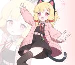  1girl absurdres alternate_costume animal_ear_headphones animal_ears belt black_dress black_thighhighs blonde_hair blue_archive blush bow buttons cardigan cat_ear_headphones cat_ears cat_tail collared_shirt commentary cowboy_shot different_zoom_layer dress fake_animal_ears fake_tail gradient_background hair_bow hair_ornament hairclip halftone halftone_background halo hand_up headphones highres kurana_(atlas) long_sleeves looking_at_viewer low-tied_sidelocks momoi_(blue_archive) multiple_views open_cardigan open_clothes open_mouth pinafore_dress pink_background pink_belt pink_cardigan pink_eyes pink_halo red_bow shirt short_hair sidelocks sleeveless sleeveless_dress smile tail teeth thighhighs upper_teeth_only v v-shaped_eyebrows virtual_pet_(toy) white_background white_shirt zoom_layer 