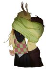  1girl 1other animal_ears antlers bare_hips black_skirt blonde_hair brown_hair brown_pants checkered_clothes checkered_sweater_vest checkered_vest cropped_legs deer_antlers deer_ears deer_girl deer_tail deltarune furry furry_female furry_with_non-furry hand_on_another's_head highres horns implied_kiss interspecies kris_(deltarune) long_hair long_sleeves noelle_holiday other_with_female pants pleated_skirt pwimimi reindeer_girl shared_clothes shared_sweater shirt short_hair simple_background skirt striped_clothes striped_sweater sweater sweater_vest tail two-tone_sweater_vest utdr_(toby_fox) vest white_background 