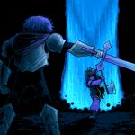  1girl 1other armlet armor bracelet dark_fountain_(deltarune) deltarune fighting fighting_stance holding holding_sword holding_weapon jewelry kris_(dark_world)_(deltarune) kris_(deltarune) mane_ax_(deltarune) sharfabean spiked_armlet spiked_bracelet spikes susie_(dark_world)_(deltarune) susie_(deltarune) sword utdr_(toby_fox) weapon 
