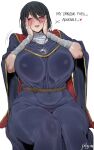  1girl absurdres bandaged_arm bandages black_hair blue_eyes blue_robe breasts elden_ring english_text hair_between_eyes highres jewelry large_breasts long_hair necklace pilgrim_0909 robe signature simple_background smile solo sorceress_sellen wide_sleeves 