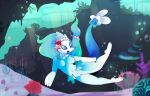 14:9 anthro aquatic asterozoan blue_eyes blue_hair breasts bubble detailed_background digital_media_(artwork) e-01 echinoderm featureless_breasts featureless_crotch feet female floating flower_on_head fur generation_7_pokemon hair hi_res mammal multicolored_body nintendo nude open_mouth pink_nose pinniped plant pokemon pokemon_(species) primarina sand sea seabed seashell shell simple_background smile solo starfish starfish_(accessory) swimming tail underwater water white_body white_fur