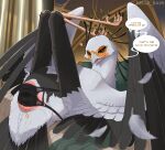 absurd_res accipitriform anatomically_correct animal_genitalia avian avian_butt avian_feet beak bed bestiality bird black_body bodily_fluids brown_eyes cloaca cloaca_juice clothed clothed_feral clothing detailed_background dialogue digitigrade dripping duo english_text feathered_wings feathers feet female female_feral feral furgonomics furniture genital_fluids genitals heart_symbol hellz_rain hi_res human human_on_feral imminent_sex interspecies inviting leaking legs_up lingerie lying mammal on_bed open_mouth panties saliva scuted_feet scutes secretary_bird solo sweat tail talking_to_viewer text tongue underwear white_body wings
