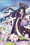  clamp fan flower hair_rings hair_tubes half-closed_eyes japanese_clothes jewelry long_hair long_sleeves lotus mirror outdoors petals purple_eyes purple_hair solo tomoyo_hime traditional_media tsubasa_chronicle very_long_hair wading water wavy_hair 