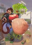 abdominal_bulge after_vore anthro anthro_pred anthro_prey avian bar belly belt big_belly big_breasts bird bodily_fluids bone bone_imprints bones_in_stomach bottle bottomwear breasts brown_body brown_fur brown_hair brown_tail burp_cloud burping burping_up_bones burping_up_object canid cleavage clothed clothing container countershade_face countershade_torso countershading crop_top denim denim_bottomwear denim_clothing detailed_background digestion digestion_noises discarded_clothing dripping ear_piercing feet female female_pred front_view fur gold_(metal) gold_piercing gold_tooth hair haplorhine hi_res holding_bottle holding_container holding_object huge_belly huge_breasts jacket jeans leaning leaning_backward leather leather_clothing leather_jacket leather_topwear mammal monkey multiple_prey navel onomatopoeia open_clothing open_jacket open_mouth open_topwear pants piercing pink_tongue prehensile_feet primate public red_clothing red_crop_top red_shirt red_topwear saliva saliva_drip saliva_string same_size_vore sharp_teeth shirt skull skull_imprint smile smiling_at_another solo sound_effects spilled_drink tail teeth text thick_thighs toes tongue tongue_out topwear verybatty vore wide_hips