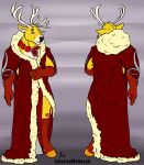 animated animated_gif anthro antlers balls belly butt clothed clothing colored dated deer fur genitals gloves handwear hooves horn jewelry male mammal necklace nipples nude penis robe short_playtime smile solo standing tail text whitecolt_productions yellow_body yellow_fur