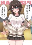  1girl absurdres black_hair black_skirt character_name commentary_request cowboy_shot grey_eyes gym_shirt hair_flaps hayasui_(kancolle) highres jacket kantai_collection kitahama_(siroimakeinu831) looking_at_viewer one-hour_drawing_challenge open_clothes open_jacket pleated_skirt shirt short_hair skirt smile solo sweat t-shirt tally thigh_gap translation_request undressing white_jacket white_shirt 