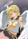  1girl angel angel_wings belt black_sailor_collar black_shorts black_sleeves blonde_hair blue_eyes bow breasts commentary_request detached_sleeves hair_ornament hairclip halo headphones highres kagamine_rin looking_at_viewer neckerchief number_tattoo open_mouth parallel_hairclips potate sailor_collar shirt short_hair shorts sleeveless sleeveless_shirt small_breasts tattoo traditional_halo treble_clef vocaloid white_bow white_shirt wings yellow_belt yellow_neckerchief yellow_trim 