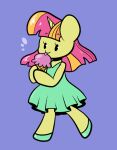 2019 anthro clothing dessert digital_media_(artwork) dot_eyes dress equid equine female food footwear green_clothing green_dress green_footwear green_shoes hair hi_res holding_food holding_object horn ice_cream ice_cream_cone licking_ice_cream looking_at_viewer mammal multicolored_hair mythological_creature mythological_equine mythology purple_background shoes simple_background simple_eyes sleeveless_dress solo sweetcream_scoops_(mlp) tongue tongue_out typhwosion unicorn walking yellow_body