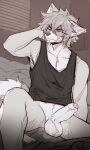 absurd_res akaro_(lukiro) anthro balls bodily_fluids bottomless bottomless_anthro bottomless_male bulge canid canine canis clothed clothing dripping erection facial_piercing foreskin fur genital_fluids genitals grey_body grey_fur grey_hair hair hi_res humanoid_genitalia humanoid_penis hybrid lip_piercing lukiro male mammal markings multicolored_body multicolored_fur musk musky_balls one_eye_closed penis piercing precum precum_drip precum_string procyonid raccoon shirt snakebite_piercing solo striped_markings striped_tail stripes stud_piercing sweat sweatdrop sweaty_balls sweaty_genitalia tail tail_markings tank_top topwear two_tone_body two_tone_fur waking_up wolf