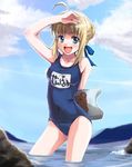  ahoge artoria_pendragon_(all) blonde_hair fate/stay_night fate_(series) green_eyes hair_ribbon kickboard name_tag one-piece_swimsuit open_mouth ribbon saber school_swimsuit solo swimsuit una_(dpaxg) wading water 