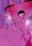  1girl 25omega25 after_fellatio ascot blue_hair blush closed_mouth commentary_request cum cum_in_mouth embodiment_of_scarlet_devil hair_between_eyes heavy_breathing highres looking_at_viewer no_pupils ok_sign open_mouth red_ascot red_eyes remilia_scarlet short_hair solo teeth tongue tongue_out touhou upper_teeth_only 