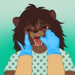 1:1 ambiguous/ambiguous ambiguous_anthro ambiguous_gender anthro anthro_on_anthro asian_palm_civet blush bodily_fluids brown_body brown_fur brown_hair civet clothed clothed_ambiguous clothed_anthro clothing critterclinic disembodied_hand dripping drooling duo fangs finger_fetish finger_in_mouth fish_hooking fur gloves gown gradient_background green_background hair handwear hi_res mammal medical medical_examination medical_gloves medical_play mouth_hold mouth_play mouth_shot nonbinary_(lore) open_mouth palm_civet patient patient_gown saliva saliva_drip saliva_on_tongue simple_background submissive submissive_ambiguous submissive_anthro teeth thumb_in_mouth tongue unprofessional_behavior viverrid