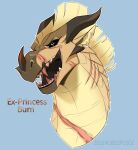 2021 absurd_res ambiguous_gender black_eyes burn_(wof) dragon ear_piercing ear_ring english_text european_mythology facial_horn facial_scar fangs feral hi_res horn long_neck mythological_creature mythological_scalie mythology neck_scar nose_horn nose_spike piercing ring_piercing sandwing_(wof) scales scalie scar sharp_teeth simple_background snout solo suntropikl teeth text western_dragon wings_of_fire yellow_body yellow_scales