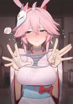  1girl animal_ears averting_eyes breasts commentary_request embarrassed evanescia_(honkai:_star_rail) evanescia_(lunar_blossoming)_(honkai:_star_rail) flasso fox_ears fox_girl fox_mask hair_intakes highres holding holding_panties holding_underwear holding_unworn_clothes honkai:_star_rail honkai_(series) japanese_clothes kimono large_breasts mask mask_on_head official_alternate_costume panties pink_hair presenting_removed_panties purple_eyes short_hair_with_long_locks solo spoken_blush striped_clothes striped_panties underwear white_kimono 