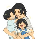  1boy 2girls :d arms_around_neck black_hair blush_stickers braid carrying carrying_person child_carry closed_eyes cowboy_shot cross cross_necklace grin half_up_braid happy highres hug jewelry laughing light_blush mother_and_child mother_and_daughter mother_and_son multiple_girls necklace ootsu_keiko ootsu_mari ootsu_yoshiya open_mouth overalls parent_and_child pom_link round_teeth sayonara_lara shirt short_hair short_sleeves sleeves_rolled_up smile t-shirt teeth white_background 
