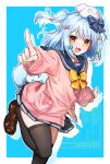  1boy :d animal_hat aqua_hair aqua_ribbon black_thighhighs blue_background blue_hair blue_sailor_collar blush border bow bowtie brown_shoes buttons cardigan commentary cowboy_shot crossdressing crossdressing_(mtf) dog_girl dog_hat fake_tail green_ribbon hair_bow hat highres inuyama_tamaki inuyama_tamaki_(1st_costume) loafers male_focus medium_hair miniskirt multiple_hair_ribbons noripro pink_cardigan pink_ribbon pleated_skirt pocket pointing ribbon sailor_collar school_uniform shoes skirt smile solo standing standing_on_one_leg striped_bow tail thighhighs trap virtual_youtuber watermark white_border yellow_bow yellow_bowtie yellow_eyes yellow_ribbon zaramekypp zettai_ryouiki 