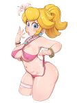  1girl :o absurdres bangle bare_arms bare_shoulders bikini blonde_hair blue_eyes blue_gem blush_stickers bracelet breasts brooch commentary covered_nipples crossed_legs earrings fingernails flower from_side gem hair_flower hair_ornament hand_up highres jewelry lily_(flower) long_fingernails looking_at_viewer mario_(series) medium_breasts mineru128127 nail_polish navel necklace parted_lips pearl_necklace pink_bikini pink_nails ponytail princess_peach simple_background skindentation solo sphere_earrings string_bikini swimsuit thigh_strap untied_bikini_bottom watch white_background white_flower wristwatch 