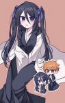  1boy 1girl between_legs black_hair black_hakama black_kimono bleach bleach:_epilogue bow brown_eyes chibi g_ieep hair_bow hakama hand_between_own_legs hand_in_another's_hair haori highres japanese_clothes kimono kuchiki_rukia kurosaki_ichigo long_hair open_mouth orange_hair purple_eyes shihakusho side_ponytail sitting spiked_hair taichou_haori twintails tying_another's_hair white_haori 
