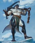 2026 4:5 5_fingers abs anchor ankle_band anthro aquatic biceps big_muscles black_body black_nipples blue_background blue_eyes blue_sky bottomwear calf_muscles cetacean claws clothing cloud cloudy_sky deltoids digital_drawing_(artwork) digital_media_(artwork) dolphin fin finger_claws fingers hi_res holding_anchor holding_object ice leg_muscles loincloth male mammal multicolored_body muscular muscular_male nipples oceanic_dolphin orca pecs quads signature simple_background sky solo standing taran_fiddler tattoo thick_thighs toothed_whale tribal tribal_tattoo waist_belt white_body wristband