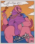 absurd_res alcohol alligator alligatorid anthro balls barbell_piercing beverage border bottomless clock clothed clothing cocktail cocktail_glass container crocodilian cup drinking_glass erection eyewear foreskin genitals glass glass_container glass_cup grand_theft_auto hi_res humanoid_genitalia humanoid_penis looking_at_viewer macca_(gta) macca_the_gator male nipple_barbell nipple_piercing nipples orange_border overweight overweight_anthro overweight_male penis piercing pink_body reptile ring rockstar_games scalie sky solo sunglasses thewilldpink watch wristwatch