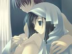  1girl bed_sheet blue_eyes blue_hair blush curtains faceless faceless_male game_cg hands_on_own_knees hetero hug hug_from_behind knees_to_chest mitsumi_misato sakaki_shinobu smile sweatdrop tenshi_no_inai_12-gatsu 