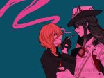  1boy 1girl ashveil_(honkai:_star_rail) black_gloves black_hair black_vest blue_background brown_hair cigarette cigarette_kiss commentary_request crescent crescent_pin fedora gloves green_eyes grey_eyes grey_hair hat highres holding holding_cigarette holding_lighter honkai:_star_rail honkai_(series) jacket jisoku45cm kuchiba_(honkai:_star_rail) lighter long_hair looking_at_another medium_hair multicolored_hair simple_background smoking very_long_hair vest white_gloves white_hat white_jacket yellow_eyes 