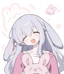  1girl :d ^_^ absurdres animal_ears bang_dream! bang_dream!_yumemita cardigan chinese_commentary closed_eyes commentary_request facing_viewer fang grey_hair highres holding kemonomimi_mode long_hair miyanaga_nonoka miyanaga_nonoka_(real) open_mouth pink_cardigan rabbit_ears simple_background smile solo upper_body white_background xhs_7495061940 