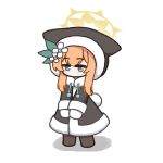  1girl animal_ears animal_hood apricotlemontea black_jacket blue_archive blue_eyes boots brown_boots chibi commentary drawstring fake_animal_ears flower full_body fur-trimmed_hood fur-trimmed_jacket fur-trimmed_sleeves fur_trim halo hood hood_up hooded_jacket jacket long_sleeves mari_(blue_archive) mittens orange_hair shadow simple_background solo standing white_background white_flower white_mittens 
