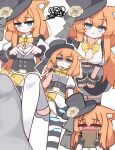 1girl :o animal_ear_fluff animal_ears apricotlemontea asymmetrical_legwear blue_archive blue_eyes blush bow breasts brown_flower brown_rose cat_ears cleavage closed_mouth commentary_request covered_mouth flower flying_sweatdrops grey_hat grey_skirt hat hat_flower heart heart_hands holding jitome long_hair mari_(blue_archive) mari_(idol)_(blue_archive) mismatched_legwear multiple_views no_shoes nose_blush orange_hair parted_lips puffy_short_sleeves puffy_sleeves rose shaded_face shirt short_sleeves simple_background skirt small_breasts soles squiggle stepped_on striped_clothes striped_thighhighs thighhighs tilted_headwear top_hat very_long_hair white_background white_shirt white_thighhighs wrist_cuffs yellow_bow 