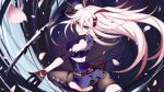  1girl animal_ears breasts chinese_clothes chinese_commentary commentary_request dress fox_ears hair_ornament highres holding holding_sword holding_weapon honkai_(series) honkai_impact_3rd ice_dragon_(artist) katana large_breasts long_hair looking_at_viewer pantyhose petals pink_hair purple_dress purple_eyes qipao solo sword torn_clothes torn_dress torn_pantyhose weapon yae_sakura 