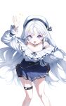  1girl absurdres aoba_nene ayatsuno_yuni beret black_bra black_choker blue_skirt bra bra_strap bracelet breasts choker cleavage cross-shaped_pupils frilled_shirt frills hand_on_own_hip hat high-waist_skirt highres jewelry knees long_hair long_sleeves o-ring o-ring_thigh_strap open_mouth pleated_skirt purple_eyes shirt simple_background single_off_shoulder skirt solo stellive symbol-shaped_pupils thigh_strap underwear very_long_hair virtual_youtuber white_background white_hair white_hat white_shirt 
