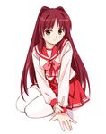  blush brown_eyes kousaka_tamaki long_hair long_sleeves nakajima_chizuna pleated_skirt red_hair school_uniform serafuku skirt solo thighhighs to_heart_2 zettai_ryouiki 