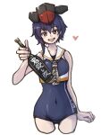  1girl absurdres ass_visible_through_thighs asymmetrical_hair black_hair black_one-piece_swimsuit bottle brown_eyes brown_neckerchief clothes_writing commentary_request covered_navel cropped_legs hat highres i-14_(kancolle) kantai_collection ld_(luna_dial398) neckerchief one-hour_drawing_challenge one-piece_swimsuit sailor_collar sailor_shirt school_swimsuit shirt short_hair simple_background sleeveless sleeveless_shirt solo swimsuit thigh_gap white_background white_sailor_collar white_shirt 