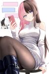  1girl absurdres bare_shoulders black_boots blue_eyes boots brown_hair brown_pantyhose cellphone clothing_cutout commentary_request hand_up highres holding holding_phone indie_virtual_youtuber jewelry kamito_(vtuber) knee_boots konta_desu long_hair long_sleeves looking_at_viewer multicolored_hair on_stool pantyhose parted_lips phone pink_hair ribbed_sweater ring shoulder_cutout simple_background sitting smartphone split-color_hair stool sweater tachibana_hinano turtleneck turtleneck_sweater two-tone_hair virtual_youtuber vspo! white_background white_sweater 