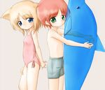  1girl alice_(ikuno_yui) animal_ears arms_behind_back blonde_hair blue_eyes casual_one-piece_swimsuit child cropped dog_ears dog_tail green_eyes hands_clasped ikuno_yui inflatable_dolphin inflatable_toy male_swimwear one-piece_swimsuit original own_hands_together red_hair simple_background swim_trunks swimsuit swimwear tail 