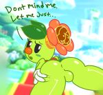 anthro arthropod balls big_nose black_eyes butt clothing crown dialogue digital_media_(artwork) english_text genitals gloves green_body handwear headgear hi_res insect leaf male mario_bros mark_m nintendo nude plant prince_florian round_nose royalty solo super_mario_bros_wonder text