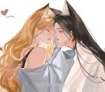  2girls animal_ear_fluff animal_ears black_hair blonde_hair blue_sweater bra_strap canny010 character_request closed_eyes copyright_request from_side hand_on_another's_cheek hand_on_another's_face hands_up heart highres imminent_kiss long_hair long_sleeves looking_at_another multiple_girls off-shoulder_sweater off_shoulder parted_lips pink_lips profile simple_background sleeves_past_wrists smile straight_hair sweater twitter_username upper_body wavy_hair white_background white_sweater yuri 
