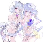  2girls animal_ears bare_shoulders bikini bikini_skirt blue_eyes blue_hair bow breast_on_breast breasts chest_bow cleavage closed_mouth colored_inner_hair cowboy_shot didi_oo dog_ears dog_girl drink frilled_bikini frills hand_on_own_thigh highres holding holding_drink large_breasts long_hair looking_at_viewer low_twintails multicolored_eyes multicolored_hair multiple_girls navel original pink_bikini pink_bow pink_eyes pink_hair see-through_clothes see-through_sleeves simple_background standing stomach swimsuit twintails very_long_hair white_background white_bikini white_hair 