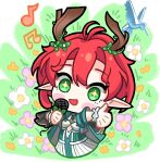  1girl absurdres blush_stickers chibi chibi_only ciaccona_(wuthering_waves) commentary_request dress green_dress green_eyes highres holding holding_microphone horns long_pointy_ears looking_at_viewer medium_hair microphone musical_note open_mouth outstretched_arm pointy_ears puckkk red_hair red_horns smile solo star-shaped_pupils star_(symbol) symbol-shaped_pupils wuthering_waves 