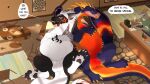 16:9 5_toes abdominal_bulge animal_genitalia anthro anus armorine balls black_body blue_body bottle chair claws container counter dark_star_(dankmcnuggie) digital_media_(artwork) dragon english_text facial_markings fangs feet felkin feral feral_pred food furniture genitals group hand_on_belly head_horn head_markings hi_res horn inside long_tail looking_at_another lying male male_pred markings menu messy_room mythological_creature mythological_scalie mythology neck_spikes on_back orange_markings restaurant scalie sheath spread_legs spreading table tail talking_to_another teeth text toes tongue tongue_out trio unseen_prey vore waiter white_body widescreen wings