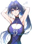  1girl black_hair blue_eyes blue_hair blue_one-piece_swimsuit breasts chain chain_headband cleavage cleavage_cutout clothing_cutout hair_intakes highres hololive hololive_english large_breasts long_hair looking_at_viewer multicolored_hair nl_p168 official_alternate_costume official_alternate_hairstyle one-piece_swimsuit ouro_kronii ouro_kronii_(holonatsu_paradise) ponytail solo swimsuit virtual_youtuber white_background 