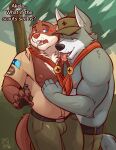absurd_res akela anthro aroused aroused_by_another aroused_face aroused_male aroused_smile barazoku bedroom_eyes belt biceps big_muscles big_pecs black_belt black_clothing blue_eyes bodily_fluids bottomwear brown_body brown_clothing brown_eyes brown_fur brown_shirt brown_topwear bulge camp camp_counselor canid canine canis chest_lick claws clothed clothing dialogue dominant dominant_anthro dominant_male dripping duo english_text fangs flirting flirting_look forest forest_background fur grabbing_another grabbing_partner green_bottomwear green_clothing green_hat green_headwear green_pants grey_body grey_fur grin grinning_at_another grinning_at_partner hand_on_side hat headgear headwear hi_res holding_another holding_partner holding_side imminent_sex kerchief leaf licking looking_pleasured male male/male mammal manly muscular muscular_anthro muscular_arms muscular_male muscular_thighs mustelid narrowed_eyes nature nature_background nipples open_clothing open_shirt open_topwear otter outside pants pawpads pecs plant red_clothing red_kerchief saliva saliva_drip saliva_on_tongue seduced seductive shirt shrub side_grab smile smirk smirking_at_another smirking_at_partner smirking_dom standing tail teeth text thick_arms thick_thighs tongue tongue_hanging_out tongue_out topless topless_anthro topless_male topwear tree unbuttoned unbuttoned_shirt unbuttoned_topwear undressing undressing_another undressing_partner ventkazemaru white_body white_fur wolf