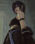  1girl absurdres aevilium arm_strap ayase_yuu ayase_yuu_(2nd_costume) bare_shoulders belt black_belt black_hair black_pants black_sports_bra blue_eyes blue_ribbon blue_streaks commentary earrings english_commentary flower_tattoo from_below from_side hair_between_eyes highres jacket jacket_partially_removed jewelry leaf_tattoo looking_at_viewer medium_hair midriff multicolored_hair nostrils official_alternate_costume official_alternate_hairstyle pants phase_connect red_lips ribbon second-party_source solo sports_bra stomach_tattoo streaked_hair tattoo triangle_earrings virtual_youtuber waist_ribbon 