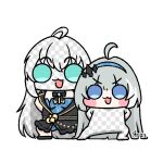  2girls :3 :d black_jacket black_shoes blue_eyes blue_skirt breasts character_request commentary_request cosplay fake_transparency green_eyes grey_hair hair_between_eyes hair_ornament jacket korean_commentary long_hair medium_breasts multiple_girls open_mouth rrayd_216 shoes simple_background skirt smile standing stella_sora very_long_hair white_background 