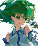  1girl absurdres bare_shoulders collared_shirt commentary detached_sleeves floating_hair frog_hair_ornament green_eyes green_hair hair_ornament hair_tubes highres kochiya_sanae long_hair looking_at_viewer nontraditional_miko parted_lips shirt single_hair_tube sleeveless sleeveless_shirt smile snake_hair_ornament solo thitora touhou twitter_username upper_body watermark white_background white_shirt 