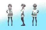  1girl 9-nine- anime_coloring arm_at_side black_dress black_hair black_pantyhose black_shoes blue_background bow brooch chest_bow closed_mouth commentary_request contrapposto dress frilled_sleeves frills from_behind from_side full_body green_bow hair_between_eyes hair_intakes hair_ornament hairclip hand_on_own_hip highres jewelry juliet_sleeves kuho_girls_academy_school_uniform loafers long_sleeves looking_ahead looking_at_viewer multiple_hairclips multiple_views ojin pantyhose pleated_dress profile puffy_sleeves red_eyes school_uniform shoes short_dress short_hair_with_long_locks simple_background standing straight-on two-tone_background white_background wide_sleeves yuuki_noa 