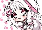  1girl :d absurdres animal_collar animal_ears arms_up bare_shoulders blunt_bangs blush bow breasts buttons chadraws_art chibi chibi_only cleavage collar colored_inner_hair commentary detached_wings dog_ears dog_girl dog_tail dress english_commentary gram_pico grey_jacket hair_bow hair_intakes halter_dress halterneck highres jacket long_hair long_sleeves looking_at_viewer multicolored_hair off-shoulder_jacket off_shoulder open_clothes open_jacket open_mouth paw_print paw_print_background paw_print_ornament pendant_collar phase_connect pink_bow pink_collar pink_eyes pink_hair pink_pupils short_dress sidelocks simple_background sleeves_past_fingers sleeves_past_wrists smile solo tail virtual_youtuber white_background white_bow white_dress white_hair white_tail white_wings wings 