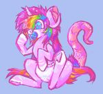 blue_eyes clothed clothing diaper ear_piercing equid equine facial_piercing female feral fur hair hooves horn horse kibblecringe long_hair long_tail mammal markings multicolored_hair multicolored_tail mythological_creature mythological_equine mythology nose_piercing object_in_mouth pacifier pacifier_in_mouth piercing pink_body pink_fur pink_hair pony rainbow_hair rainbow_tail raised_hoof solo tail unicorn wearing_diaper white_markings